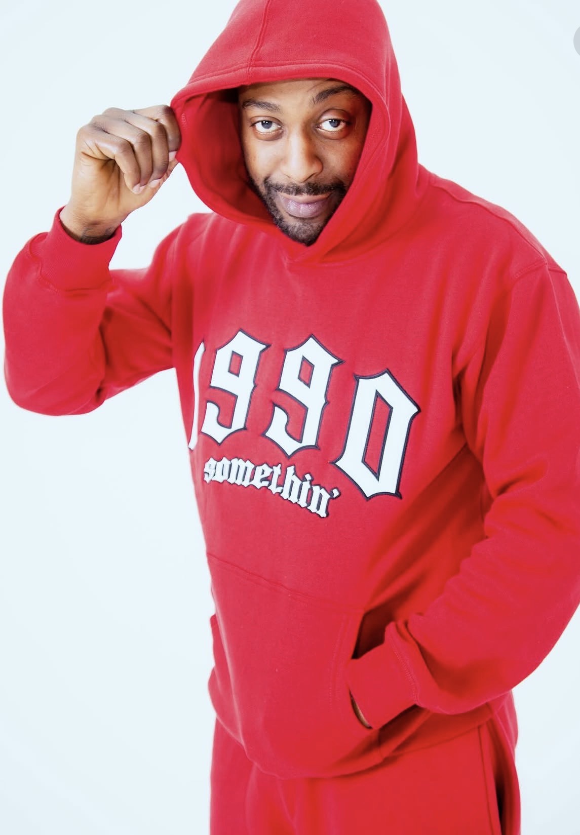 DJ B. Davis in red 1990 Somethin hoodie